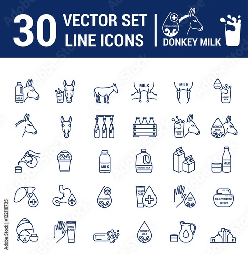 Set vector icons graphic thin outline in a linear design. Element emblem symbols of donkey milk, the dairy industry and dairy products.Organic product. Allergy-free. Healthy body care