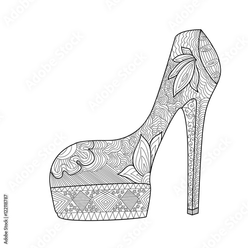 Women's shoe with a beautiful pattern. Freehand sketch with doodle element. Print on T-shirts, banners, posters, covers. Coloring page book for adults and children.