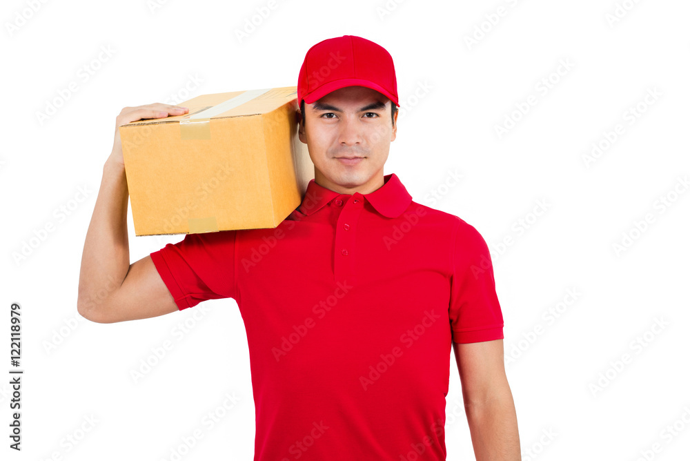 Delivery man in red uniform carrying pacel box Delivery man in red uniform carrying pacel box