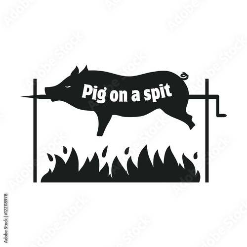 Grilled pig. Pig on spit. Roasting piglet. BBQ pork. Icon.