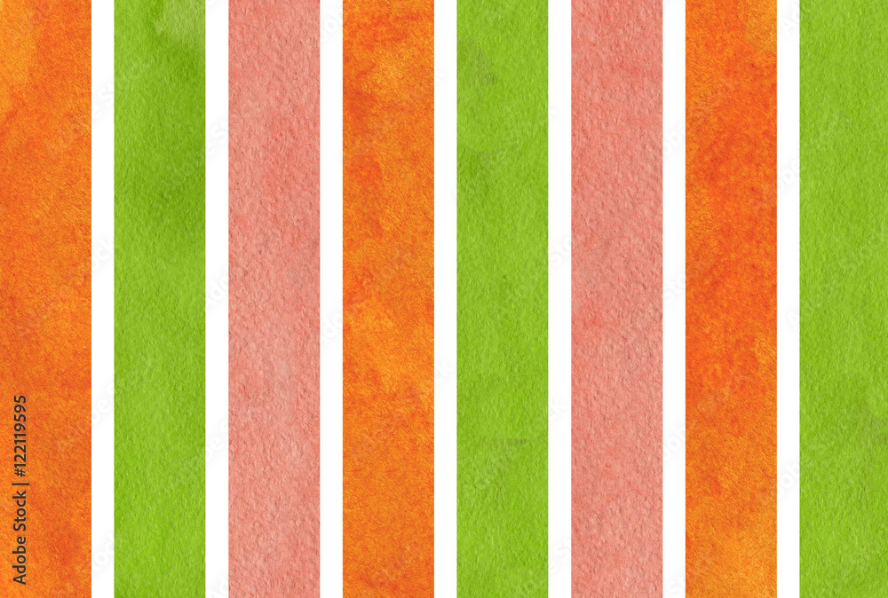 Fototapeta premium Watercolor orange, pink and green striped background.