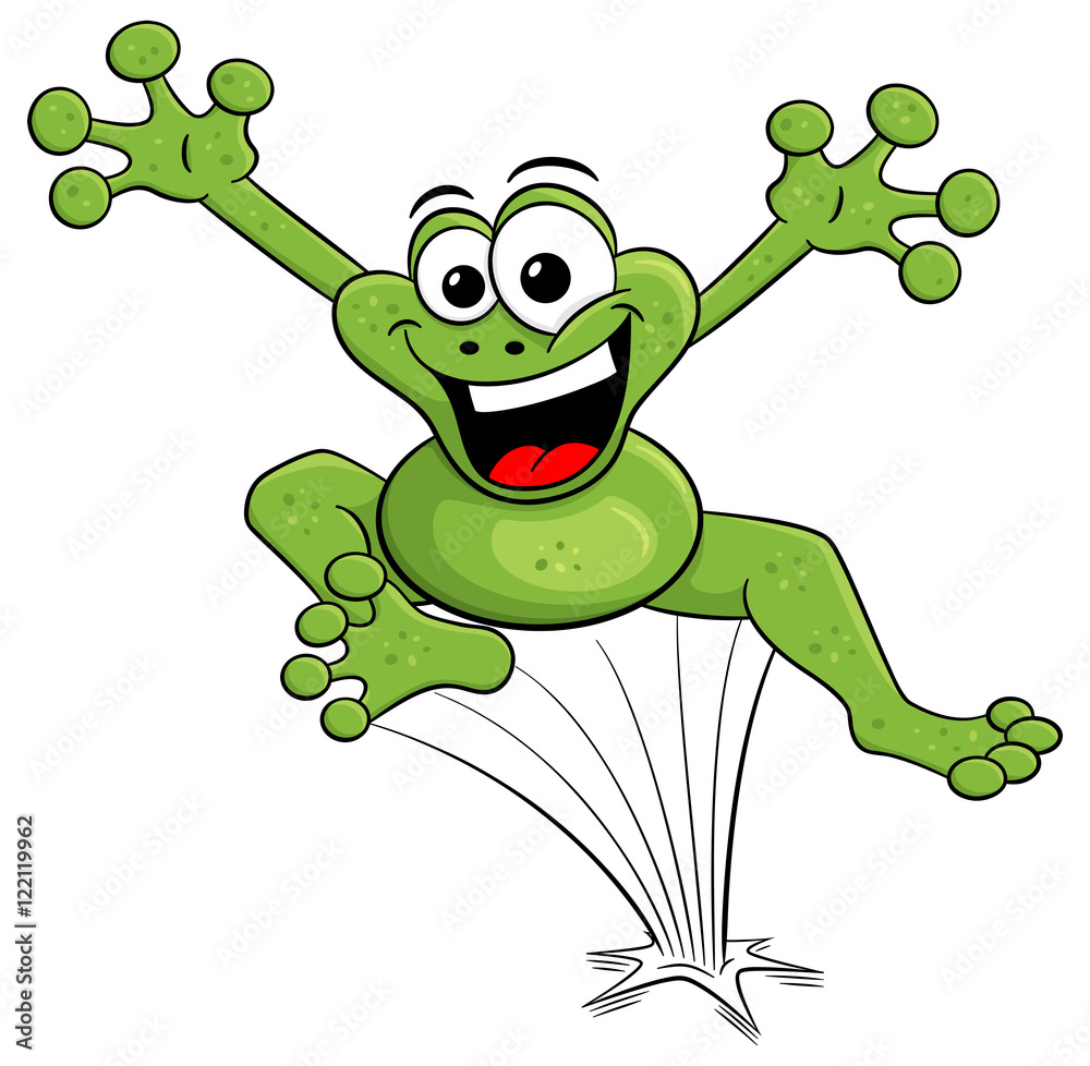 Fototapeta premium skacząca żaba kreskówka na białym tle
