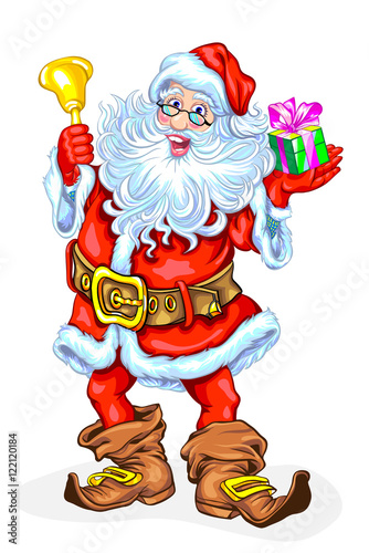 Santa Claus with a bell and a gift in a box
