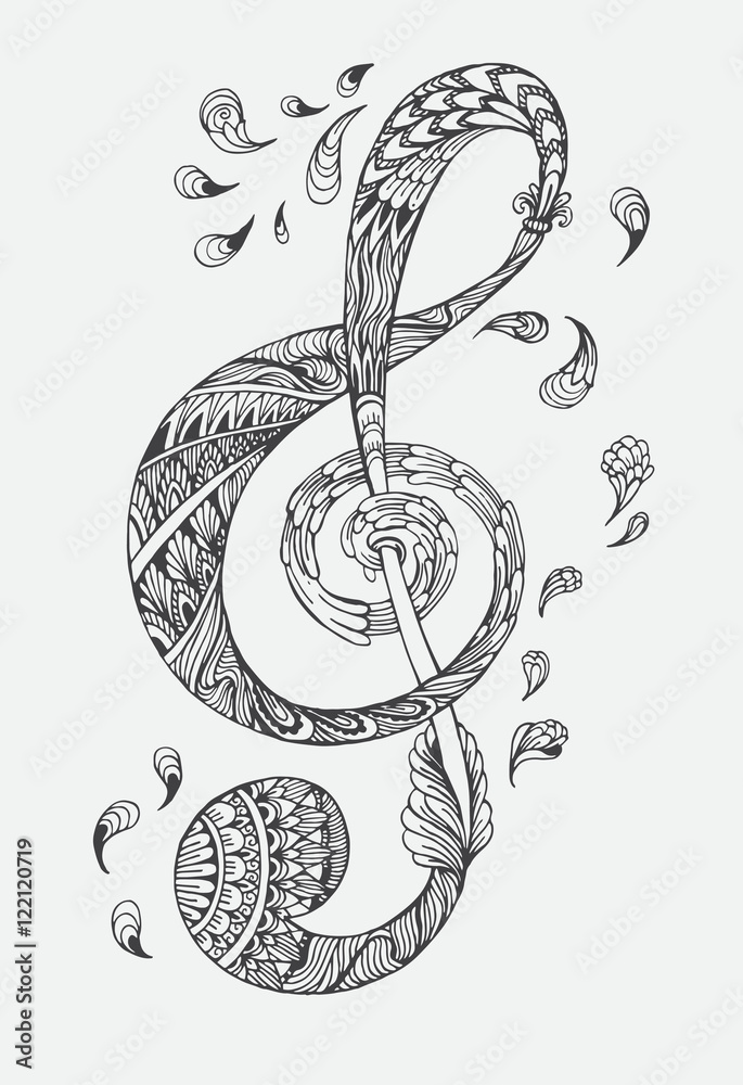 Fototapeta premium Ręcznie rysowane klucz muzyczny z etniczne ozdoby doodle wzór. Ilustracja wektorowa Henna Mandala Zentangle stylizowana na okładkę lub kartę, tatuaż więcej. Projekt dla duchowego relaksu dla dorosłych.