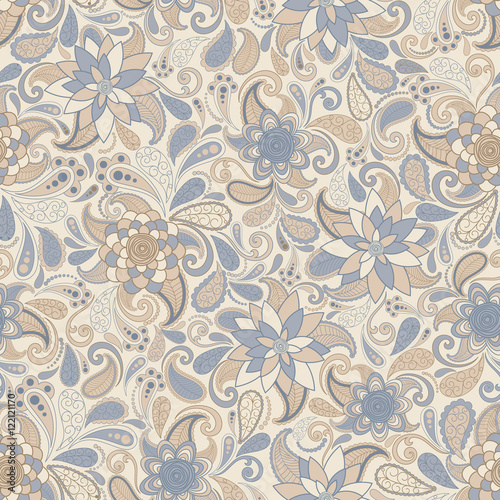 Seamless background of beige and blue of flowers