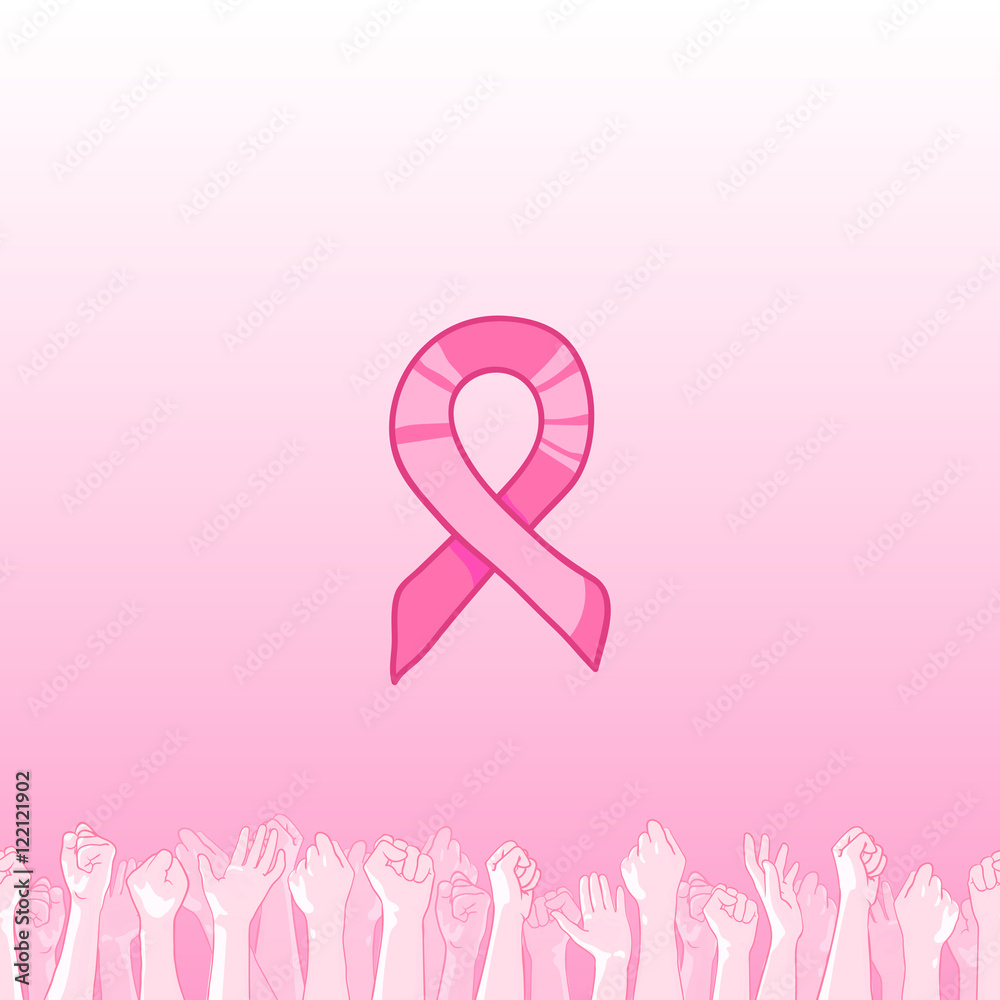 Pink ribbon, international symbol of breast cancer awareness. hand drawn illustration with raised hands of many people