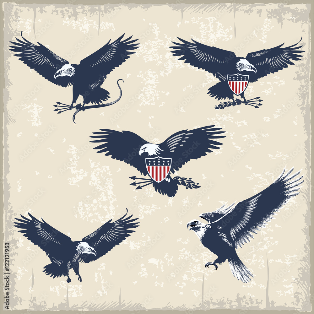 Naklejka premium Орёл, национальная птица Соединенных Штатов Америки, щит, стрелы, змея, винтаж