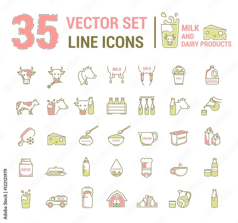 Set vector graphic thin outline icons in linear design. Element emblem symbols of milk, the dairy industry and dairy products.Organic product. Cheese, yogurt, cottage cheese, cream and condensed milk. Set vector graphic thin outline icons in linear design. Element emblem symbols of milk, the dairy industry and dairy products.Organic product. Cheese, yogurt, cottage cheese, cream and condensed milk.