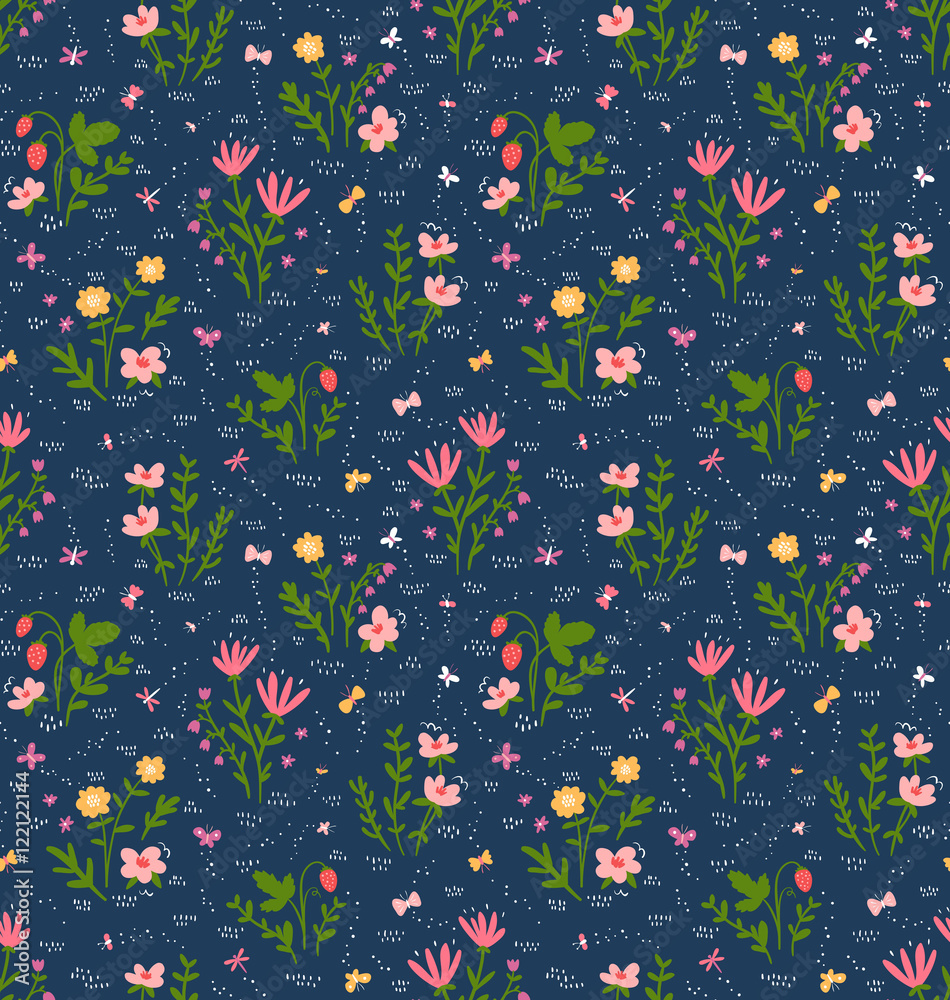 Beautiful seamless pattern with field flowers, strawberry and butterflies