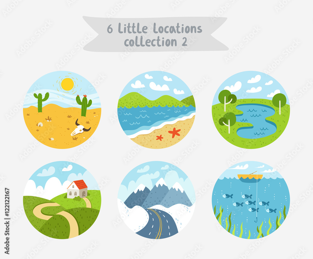 Set of 6 circle locations, little landscapes, seascapes and cloudscapes, vector illustration, flat style