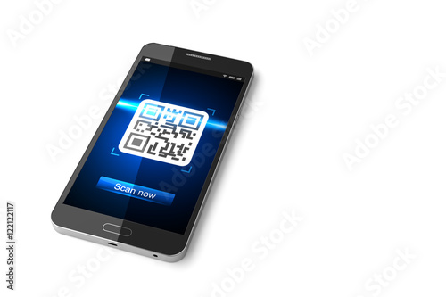 Smartphone with scanned QR code on display. 3D illustration