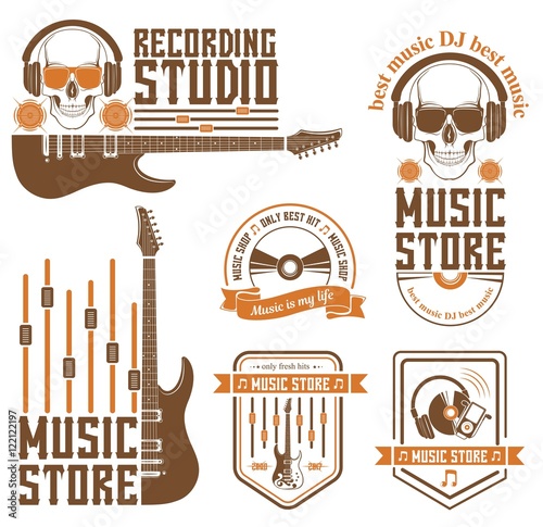 Vector set of logo for the recording studio and music shop. Graphic design concept with a silhouette of a guitar, skull, headphones, equalizer, note. Symbol, emblem, on an element of the music.