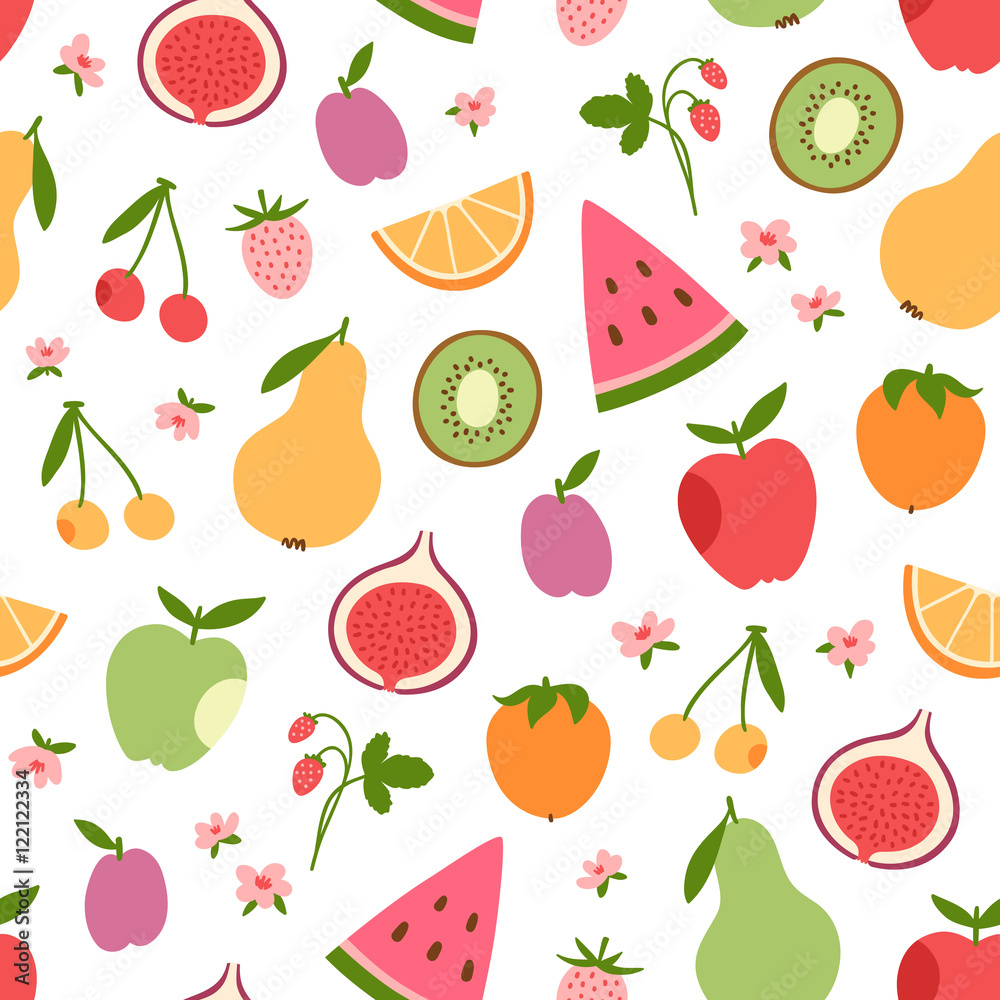 Stylized flat fruits, berries and pink flowers seamless pattern Stylized flat fruits, berries and pink flowers seamless pattern