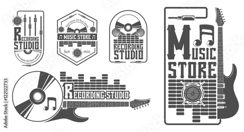 Vector set of logo for the recording studio and music shop. Graphic design concept with a silhouette of a guitar, skull, headphones, equalizer, note. Symbol, emblem, on an element of the music.