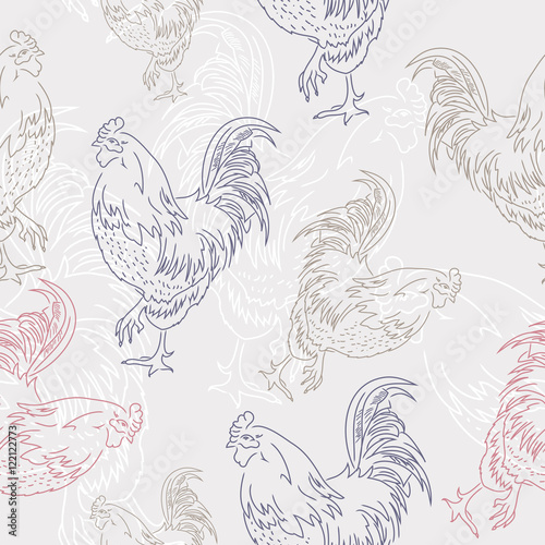 Cute Roosters Drawing Seamless Pattern. Vector 