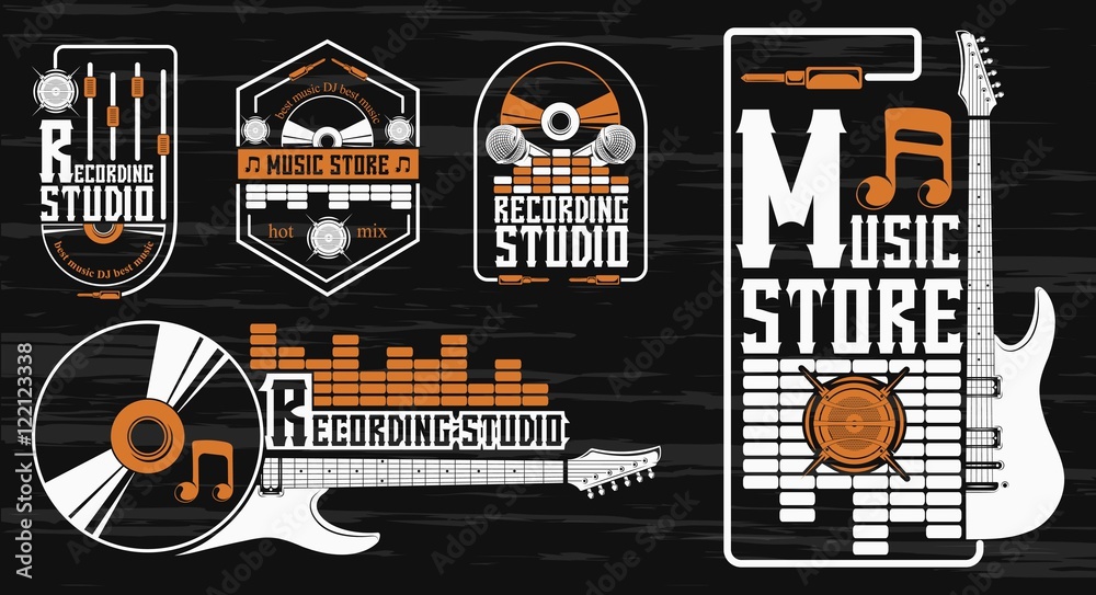 Vector set of logo for the recording studio and music shop. Graphic design concept with a silhouette of a guitar, skull, headphones, equalizer, note. Symbol, emblem, on an element of the music.