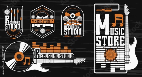 Vector set of logo for the recording studio and music shop. Graphic design concept with a silhouette of a guitar  skull  headphones  equalizer  note. Symbol  emblem  on an element of the music.