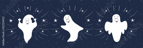 Funny ghosts flying in the night sky. Halloween card template. 
