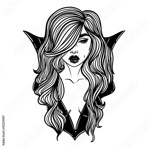 Vampire Girl Line Art. Hand drawn vector illustration. Black line on white background. Cartoon style. Could be used as design for coloring book or as part of Halloween decor.