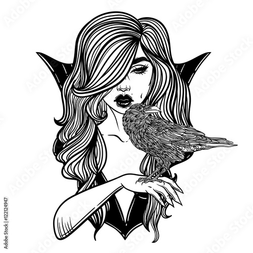 Vampire Girl with hand raven Line Art. Hand drawn vector illustration. Black line on white background. Cartoon style. Could be used as design for coloring book or as part of Halloween decor.