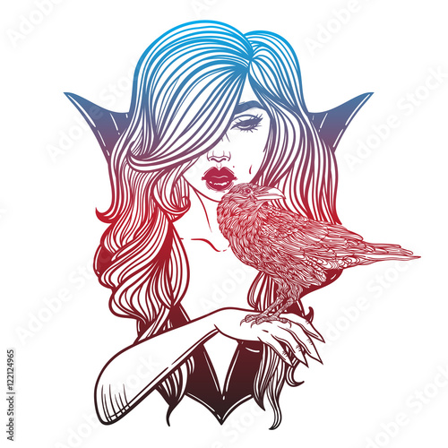Vampire Girl with hand raven Line Art. Hand drawn vector illustration. Black line on white background. Cartoon style. Could be used as design for coloring book or as part of Halloween decor.