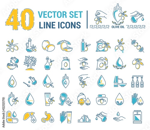 Set vector icons graphic thin outline in a linear design. Element emblem symbols of olive oil and oil cosmetics.Organic product. natural care of skin, hands, face. the concept of healthy eating.