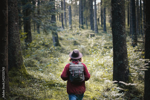 Cuadro en lienzo Young man hiking through the forest, Austria