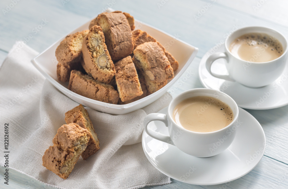 Two cups of coffee with cantuccini Two cups of coffee with cantuccini
