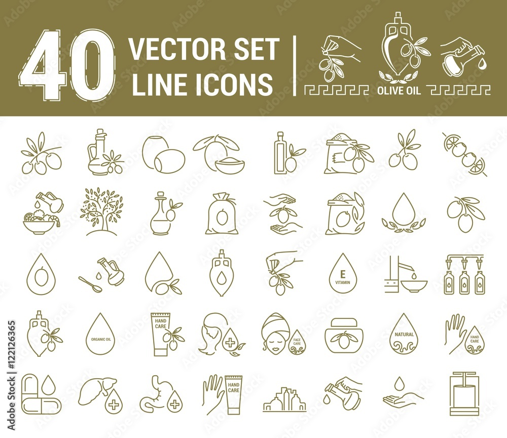 Set vector icons graphic thin outline in a linear design. Element emblem symbols of olive oil and oil cosmetics.Organic product. natural care of skin, hands, face. the concept of healthy eating.