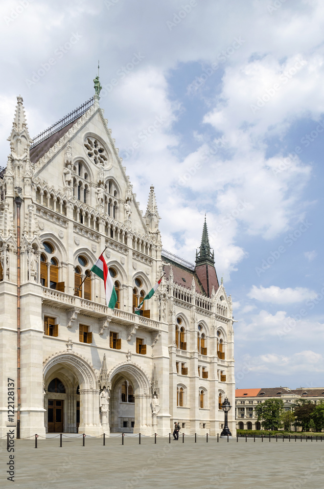The Parliament building in Budapest, Hungary. The Parliament, built in Neo-Gothic style and located on the bank of Danube.