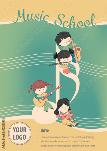 Music school poster vector - Flyer Design with children and many instrument. Vector template of invitation, flyer, poster.