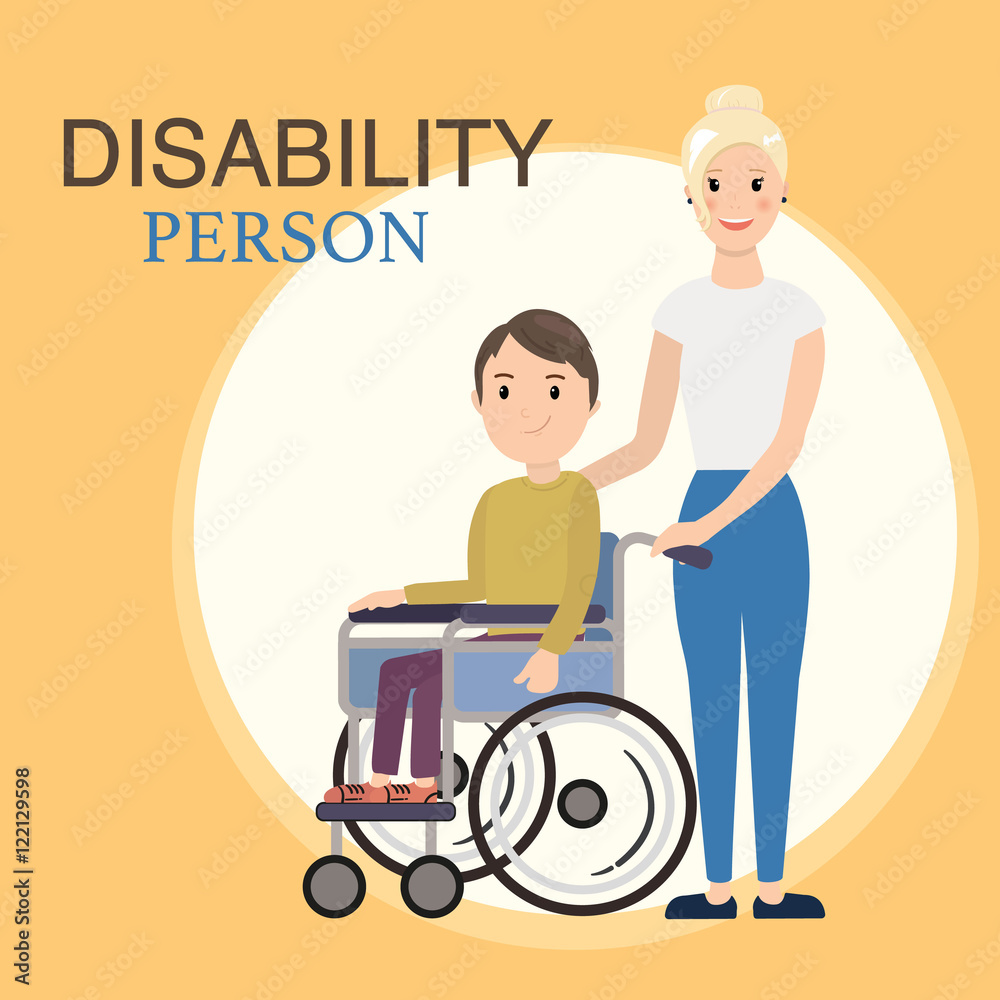 Disabled child in a wheelchair with social worker. Helping moving around and spending time together. Vector illustration of a flat design Disabled child in a wheelchair with social worker. Helping moving around and spending time together. Vector illustration of a flat design
