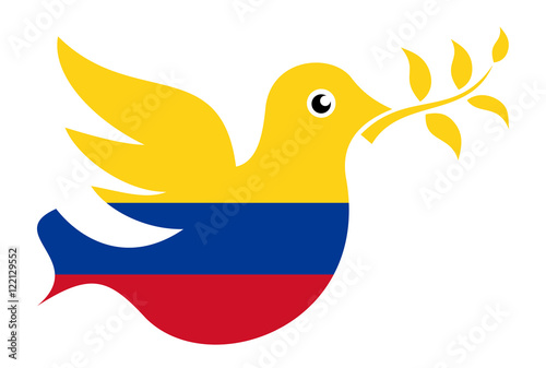 METAPHOR MEANING: Dove with olive branch in colors of Colombia as metaphor of peace and ceasefire after civil war between government and rebels of revolutionary armed forces