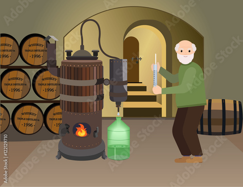 Grandpa makes alcohol whiskey drink in the basement. Copper distiller makes an alcoholic drink . Distillation machine. Drink made from Braga. Vector flat cartoon illustration