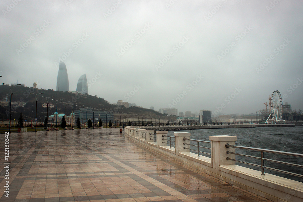 Rainy panorama of the City of Baku, Azerbaijan