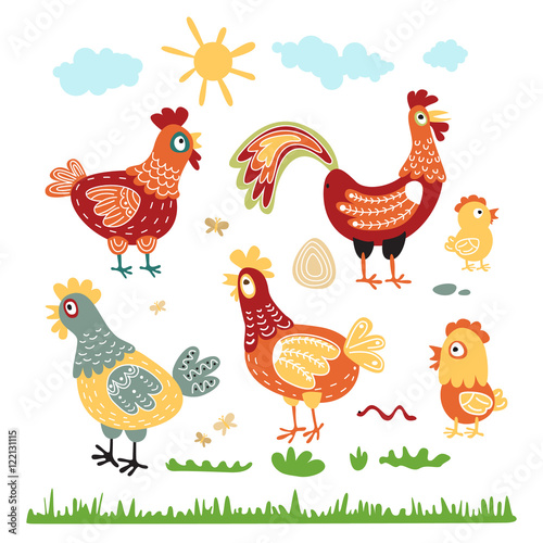 Set hen rooster chicken for children. The character of happy, bright birds. Illustrations for the postcards, T-shirts, artwork, calendars. birthday. kids vector