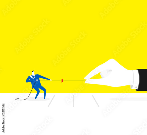 Against power / A business man is tug of war with a huge hand.