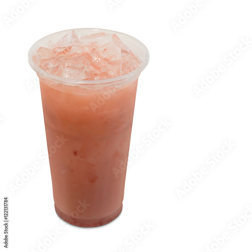 ice green tea with strawberry fruit and yogurt in glass isolated