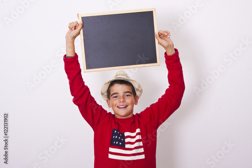 boy with blackboard isolated on white
