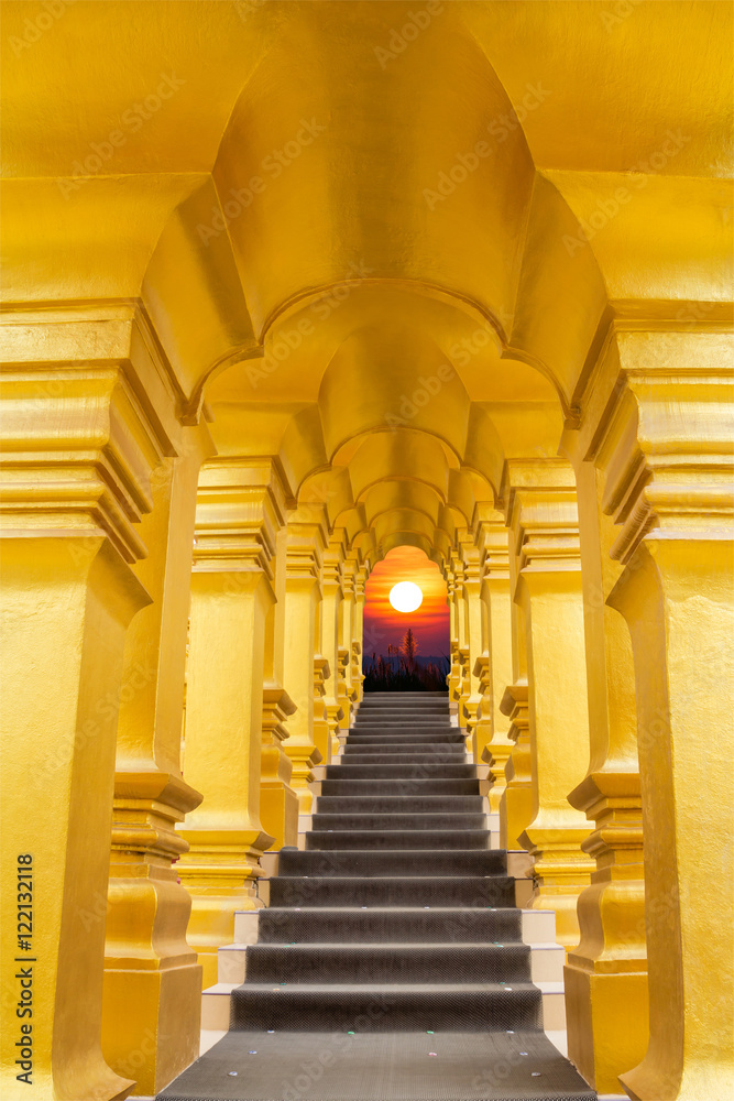 golden arch over the stair and sunrise background