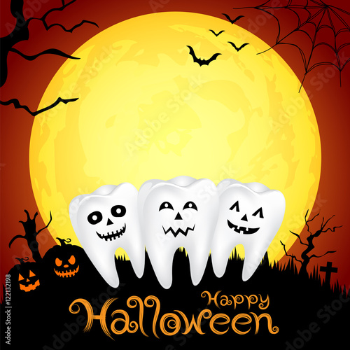 Teeth character with pumpkin in moon night on halloween. Illustration for banner, poster, greeting card