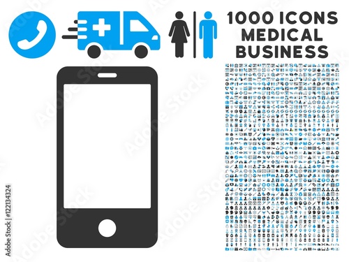 Smartphone icon with 1000 medical business gray and blue vector pictographs. Collection style is flat bicolor symbols, white background.