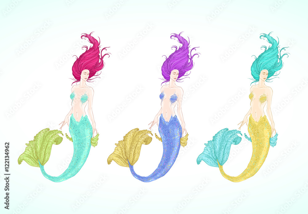 Fototapeta premium Colorful Sketched mermaids set, watercolor character design. Hand drawn singing cute mermaid, beautiful collection for t-shirt print. Vector illustration.
