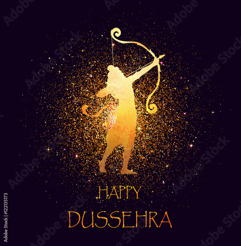 Happy Dussehra celebration card for Indian Festival. Gold Lord Rama taking aim with bow and arrow, killing Ravana. Holyday watercolor background. Hand drawn Vector illustration.