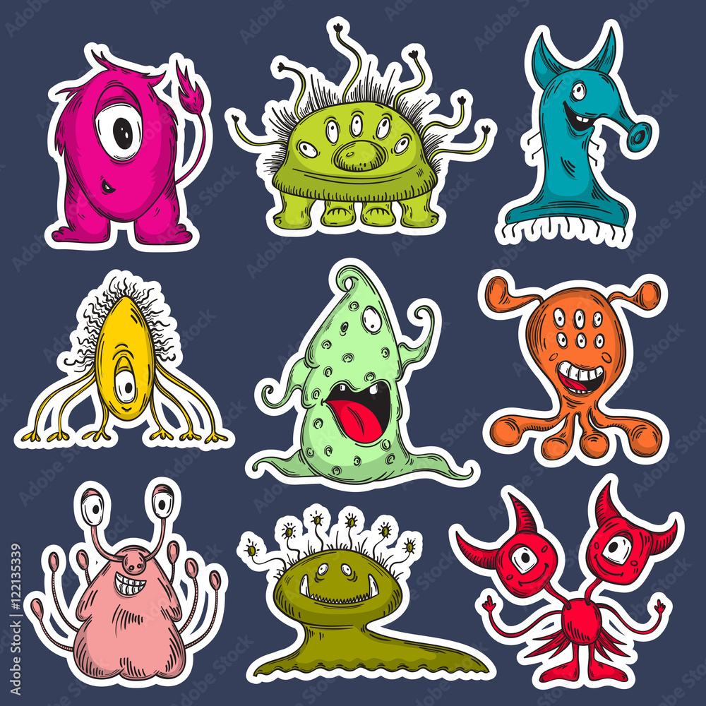 Cute monsters set. Cartoon characters. Colorful hand drawn vector illustration Cute monsters set. Cartoon characters. Colorful hand drawn vector illustration