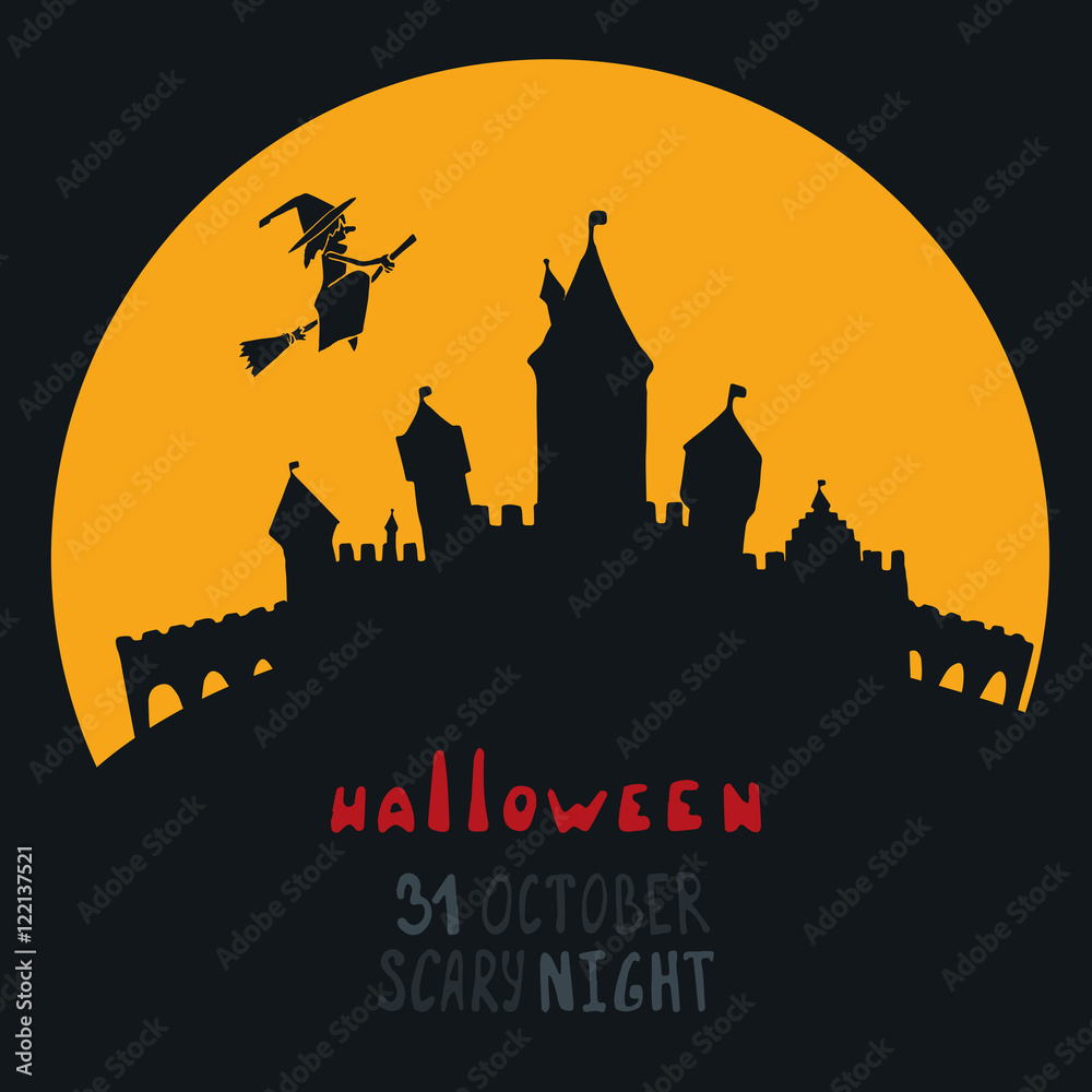 Halloween invitation silhouette castle and witch.
