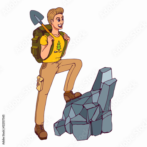 Tourist with a backpack and mountain rock.