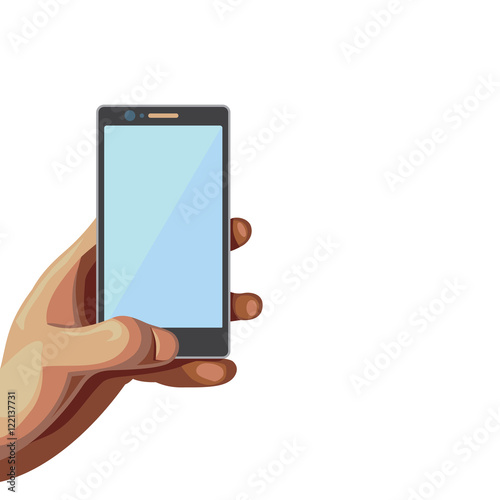 Smartphone in hand. Isolated flat style illustration on a white background. Male hand holds the black telephone.