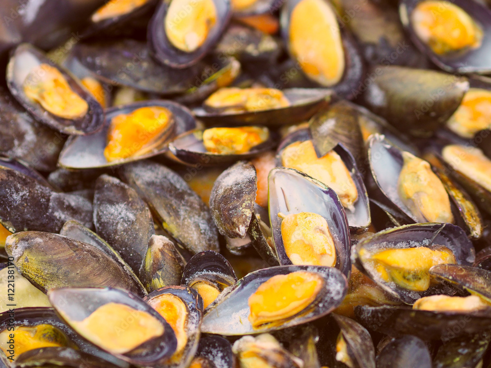 Frozen mussels with shells on fish market, view from top, fits as background Frozen mussels with shells on fish market, view from top, fits as background