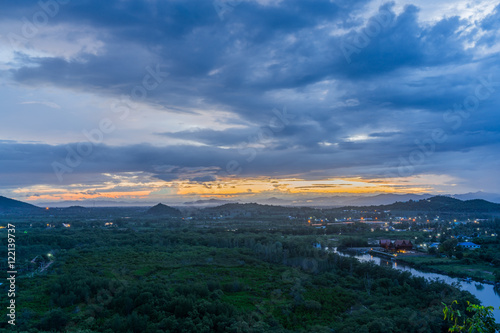 Scenery on the hill in twilight where Chao Mae Tubtim Thong Shrine located above Pranburi river , Pran Buri District, Prachuap Khiri Khan , Thailand